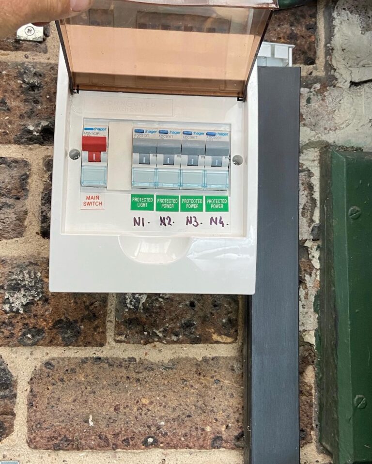 A white electrical switchboard mounted on a brick wall with labeled circuit breakers and a transparent cover, ideal for load balancing and circuit assessment in the Inner West.