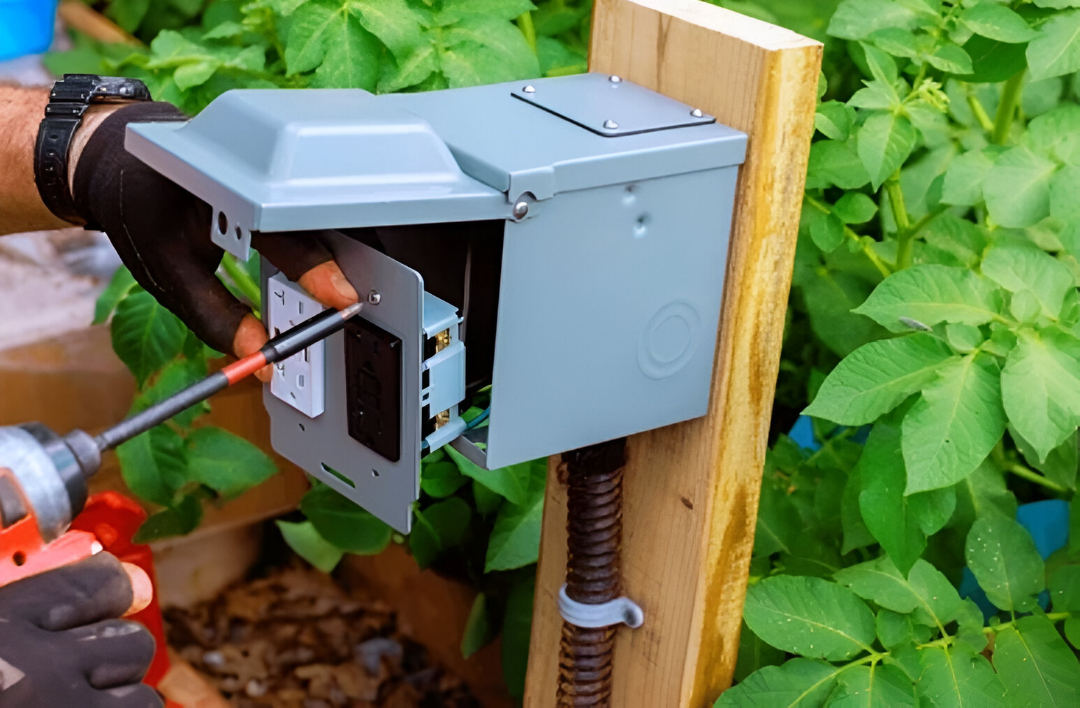 A person uses a screwdriver to install or repair an outdoor power point on a wooden post near green plants, demonstrating professional Outdoor Power Points Installation.