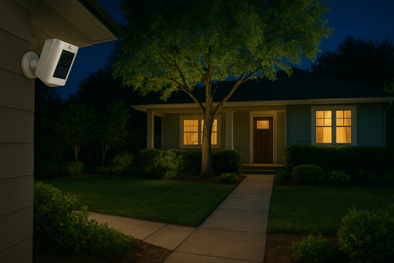 Colour night vision security camera monitoring a home exterior at night with clear details and outdoor lighting