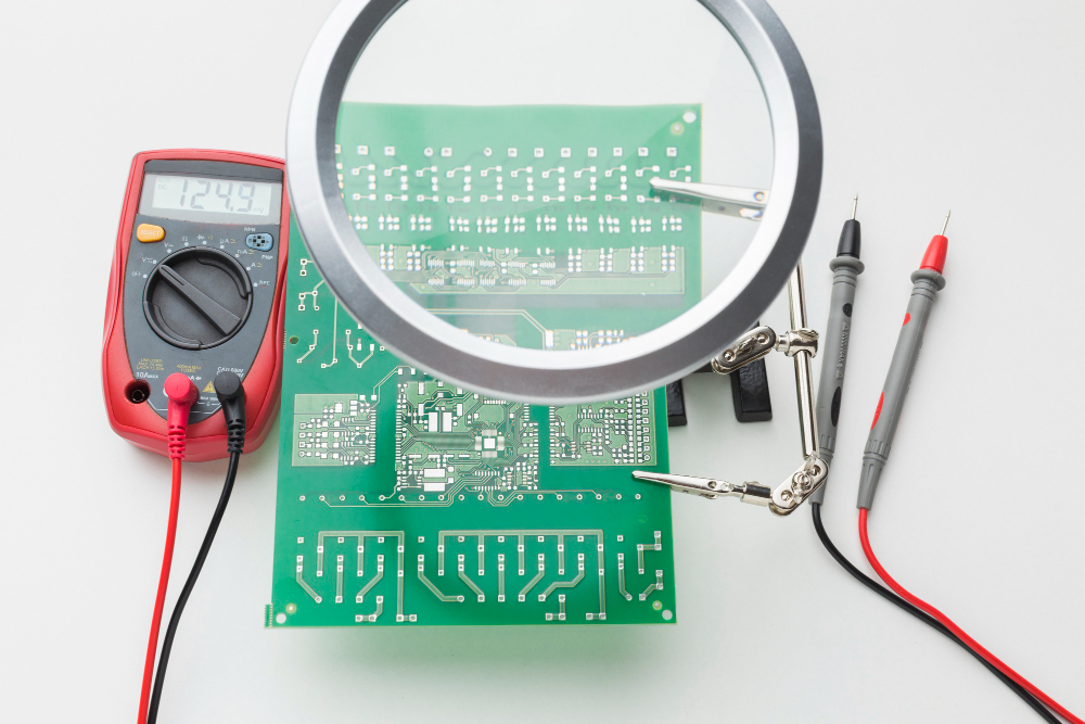 A digital multimeter, a green printed circuit board, a magnifying glass, and test probes arranged on a white surface.