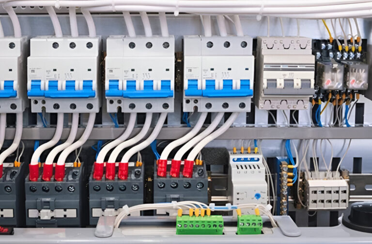 Close-up of an electrical control panel with circuit breakers, wiring, and terminal blocks neatly arranged inside an enclosure, ideal for power upgrades by a Level 2 electrician in Inner West.