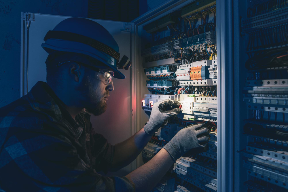 An electrician wearing safety gear works on an open electrical panel, using tools to diagnose intermittent faults and adjust wiring inside a dimly lit room.