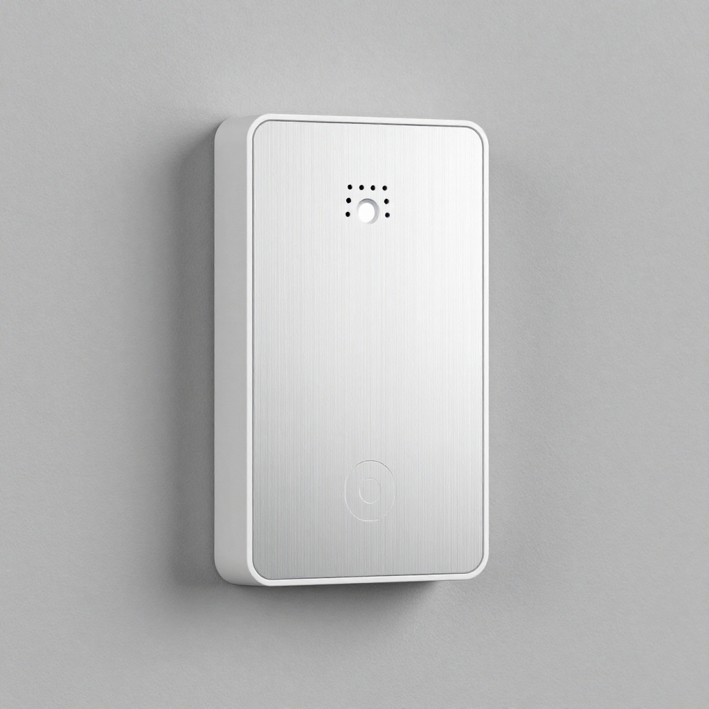 A rectangular, metallic wall-mounted device with a circular button and small vent-like holes near the top, set against a plain light gray background.