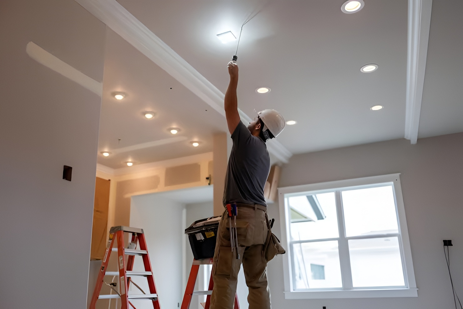 Electrician installing energy efficient LED lighting in Sydney home