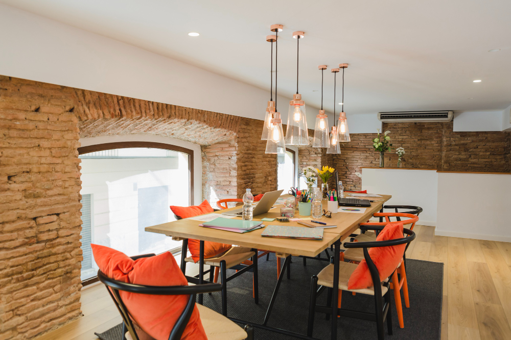 Stylish pendant light hanging above dining table