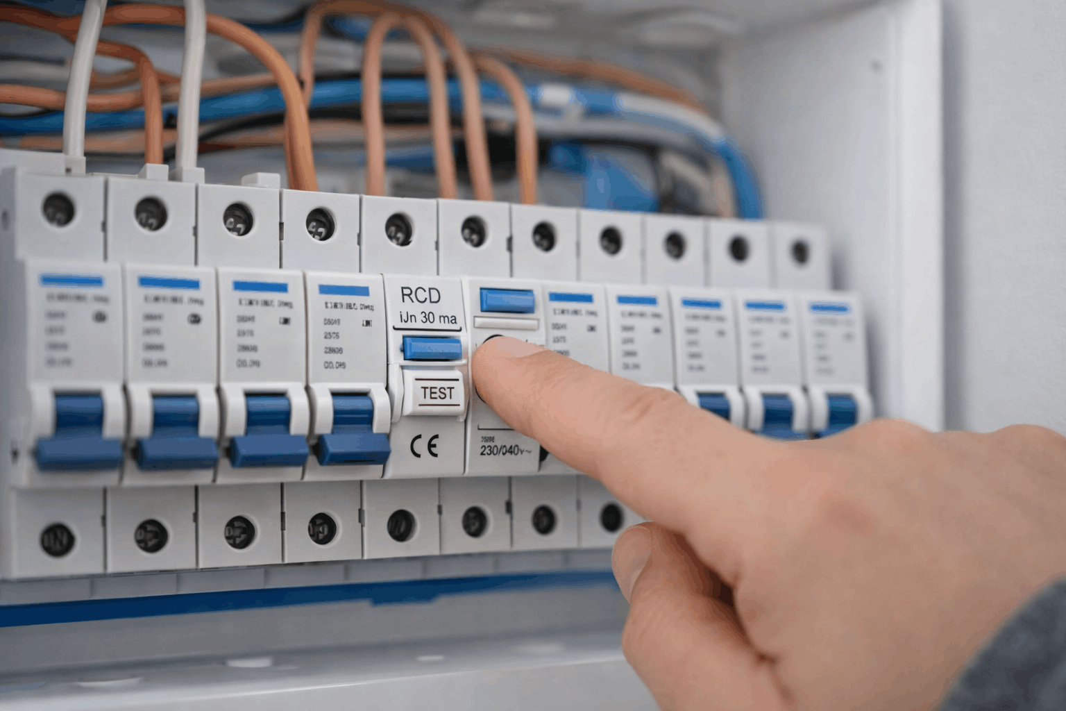 Homeowner testing RCD safety switch using test button