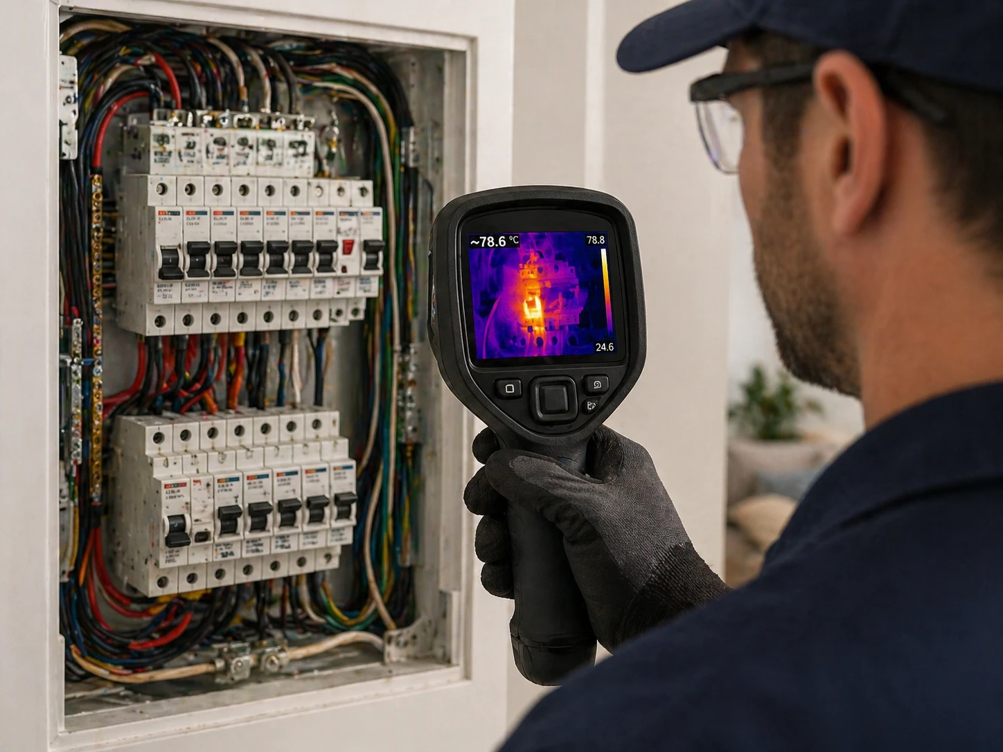 Using thermal imaging for electrical fault finding to identify overheating components in a home.
