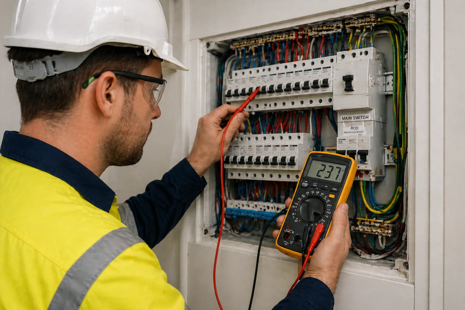 Licensed electrician performing professional electrical inspection services on a residential switchboard.