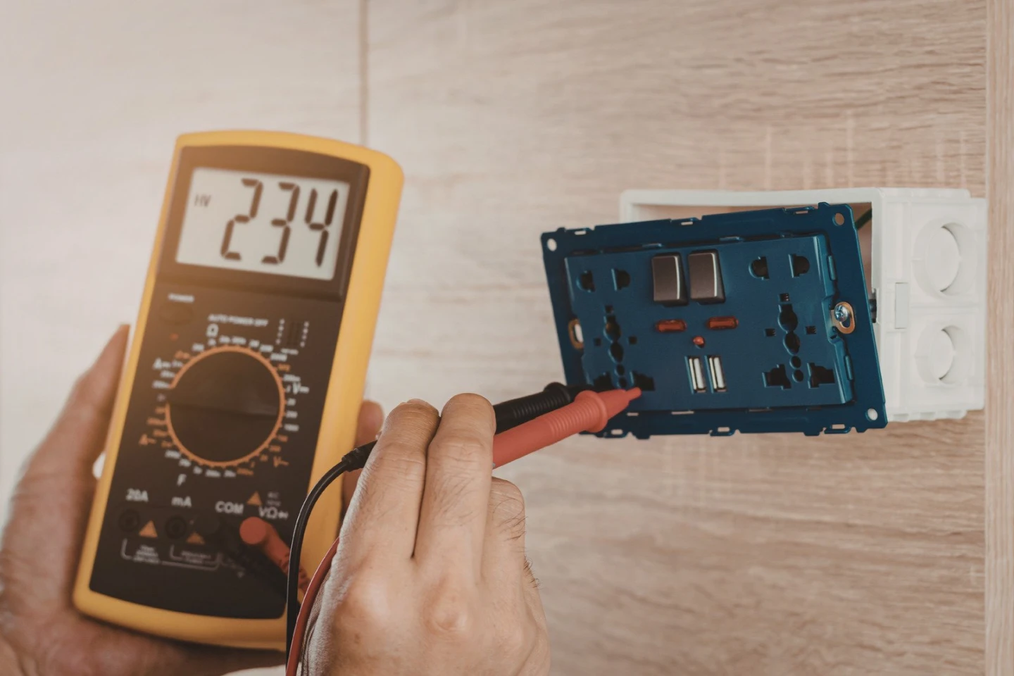 Licensed electrician performing professional electrical inspection services on a residential switchboard.