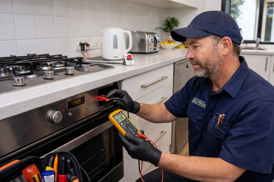 Electrical technician in a blue uniform and cap tests an oven's wiring using a digital multimeter in a modern kitchen.