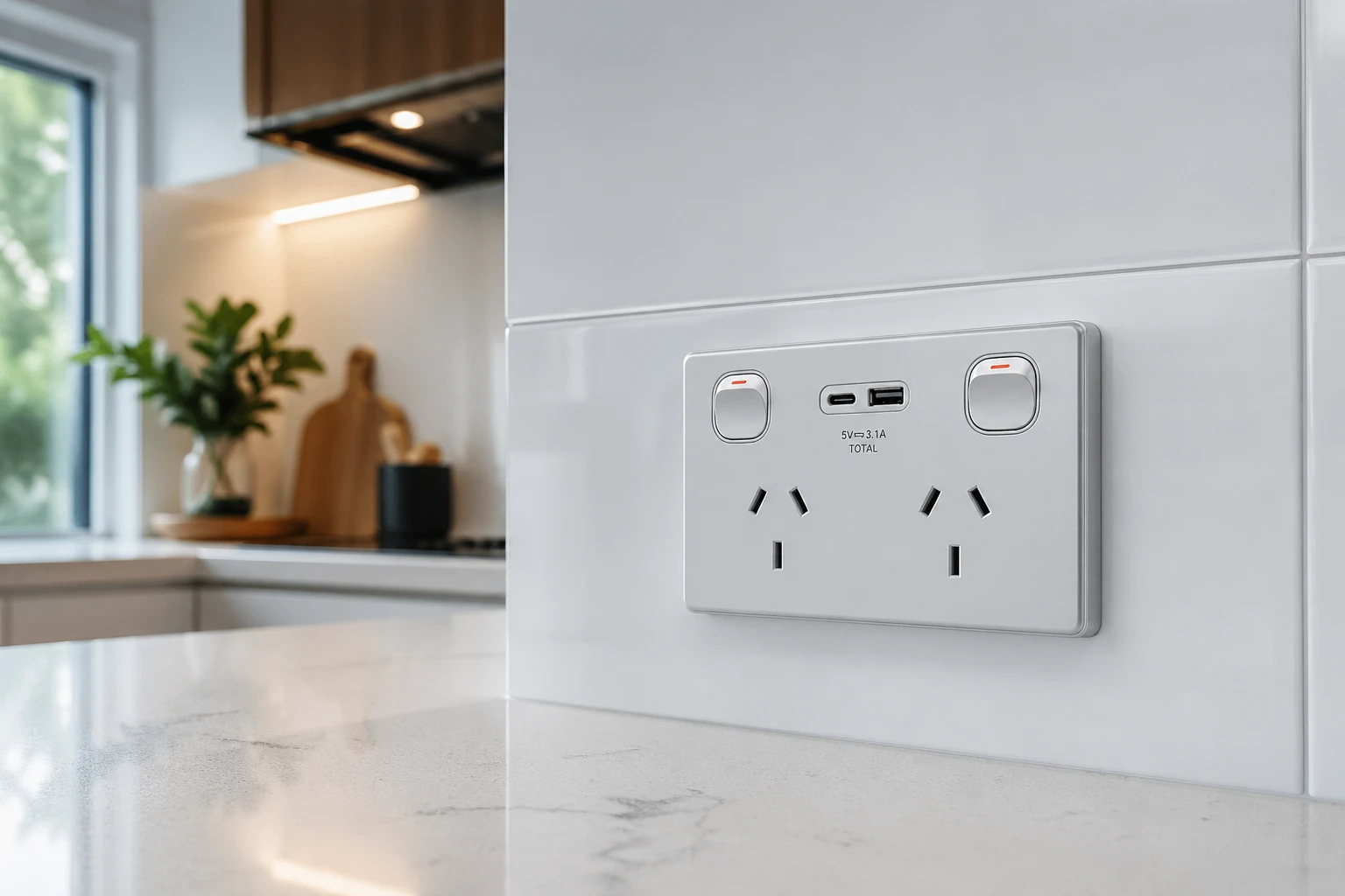 Professional GPO installation of a double power point with USB charging ports in a modern kitchen.