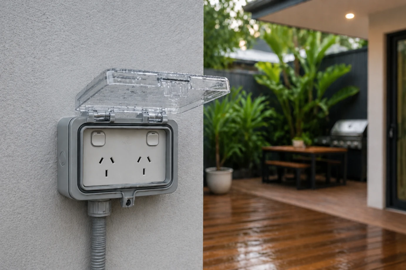Secure outdoor electrical outlet installation with a weather-proof cover for a Sydney backyard.