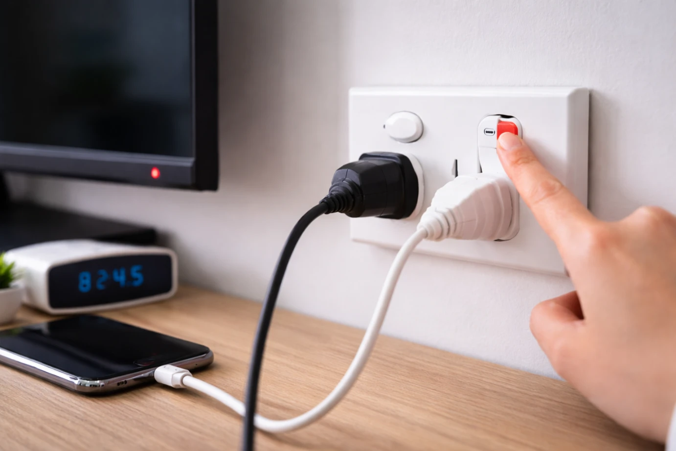 Turning off a wall switch to reduce your electric bill by eliminating standby power.