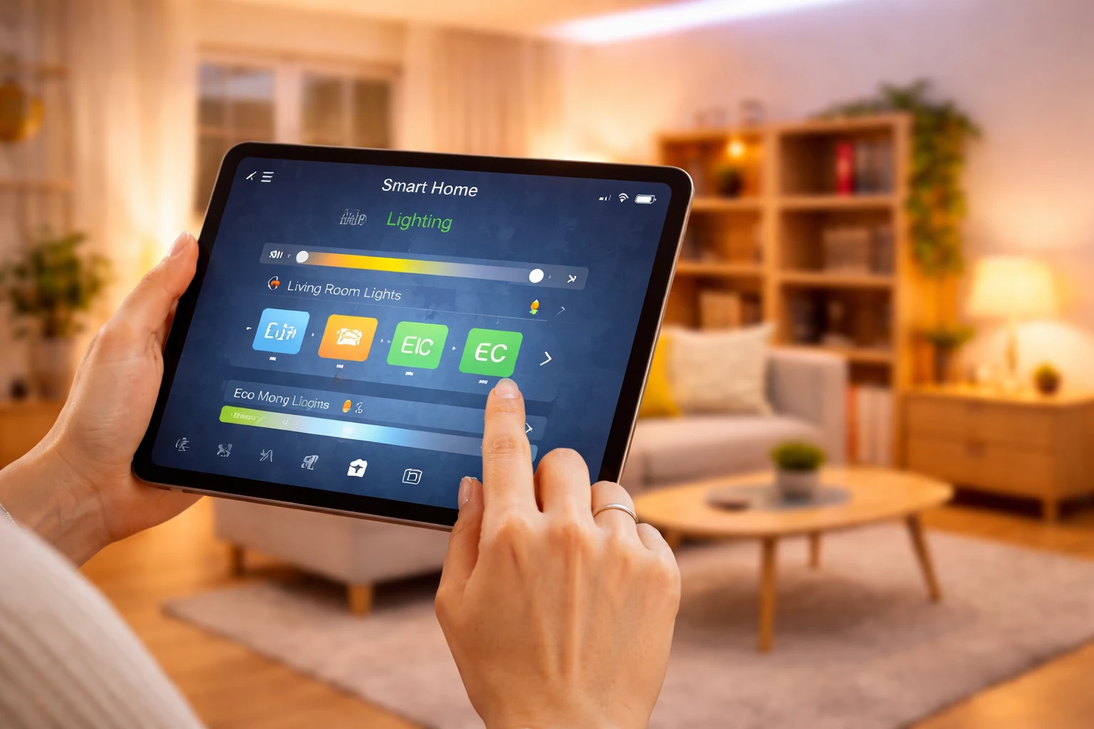 Homeowner using a mobile app for smart home automation to manage energy-efficient lighting.