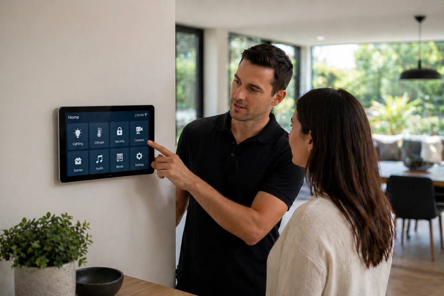Professional smart home setup service showing a wall-mounted control panel in a Sydney home.