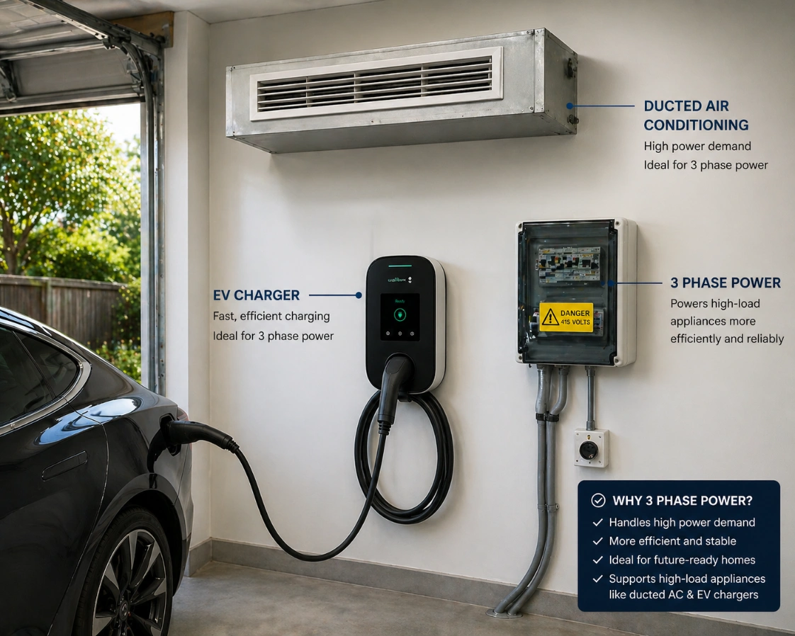 High-load appliances like ducted AC and EV chargers that benefit from a three phase power system.