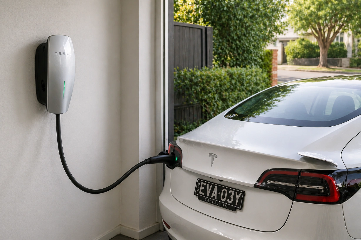 A Tesla electric vehicle receiving a home EV charge via a wall connector in the Inner West.