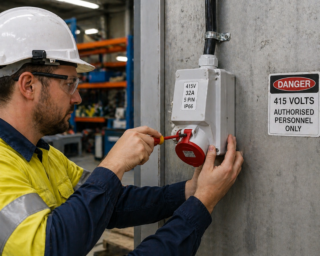 Professional installation of a 415V industrial power supply outlet for a commercial workshop.