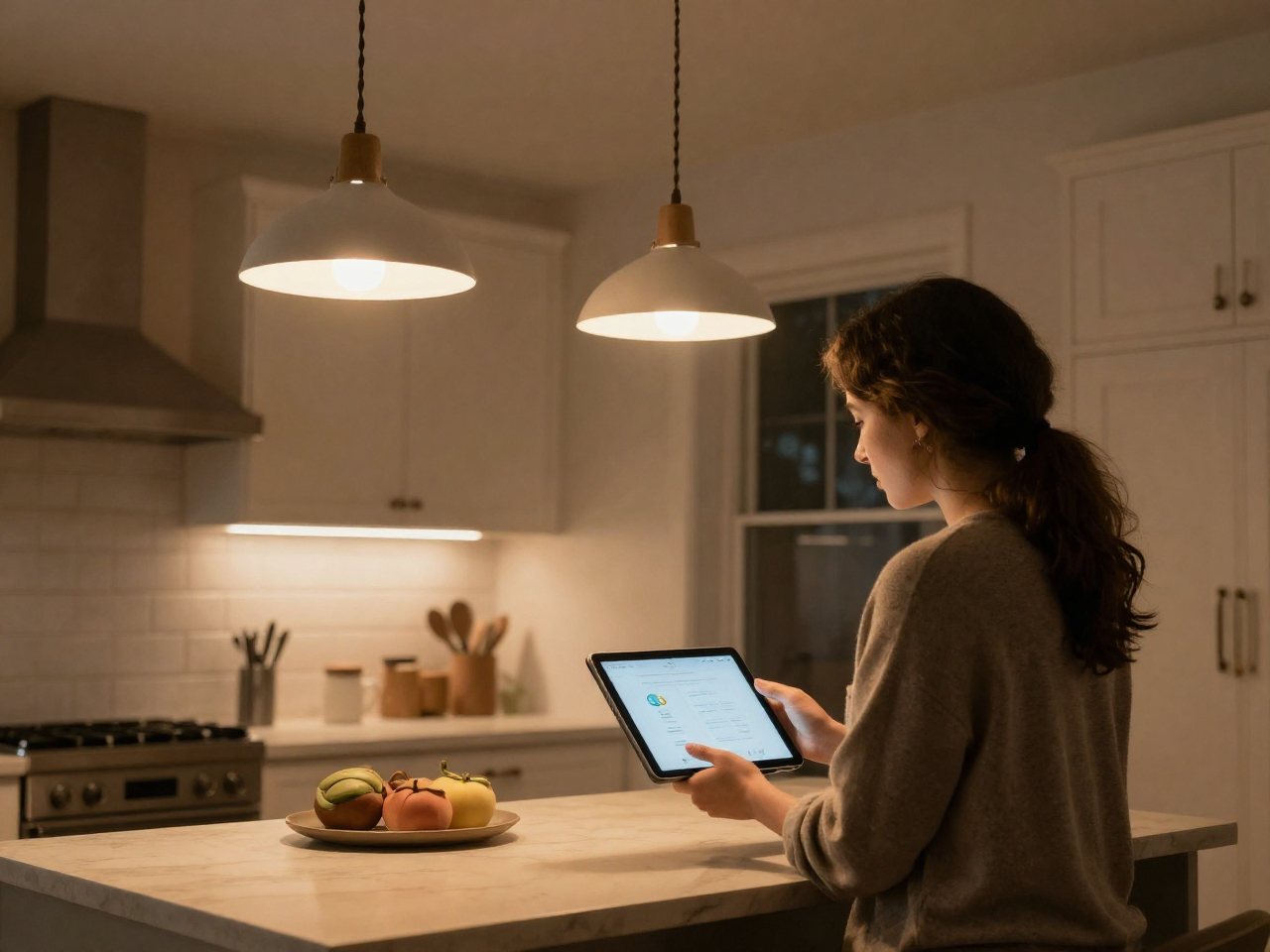 Homeowner using a tablet app for smart lighting control systems to dim kitchen pendant lights.