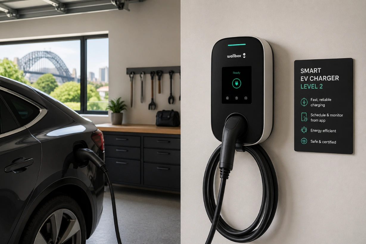 Professional residential EV charger setup featuring a smart Level 2 wallbox in a Sydney garage.
