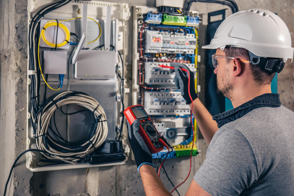 Electrician newtown checks an electrical panel with a multimeter, wearing safety gear and ensuring safe work.