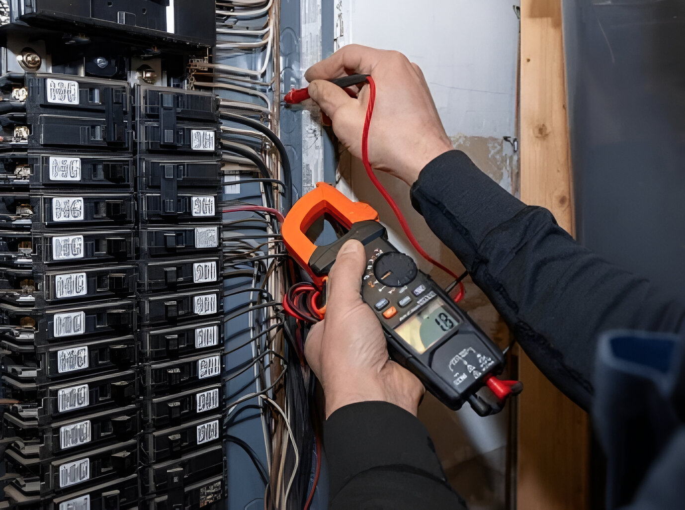A person measures voltage with a digital multimeter in an electrical breaker panel during Switchboard Work.
