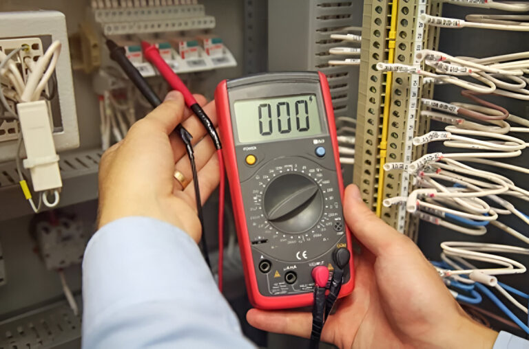 Licensed electrician performing electrical fault finding in a home